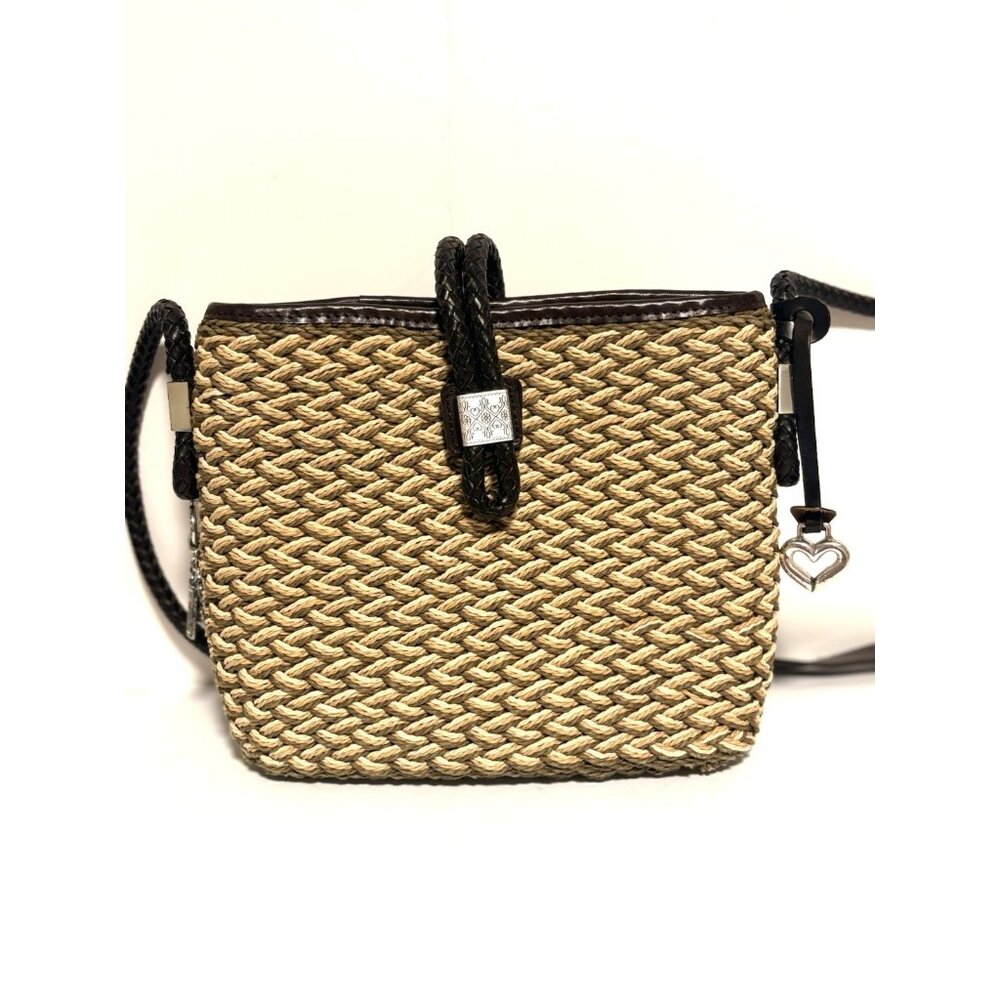 Brighton Woven Jute Purse Crossbody Shoulder Bag Tan Brown Braided Leather Trim
